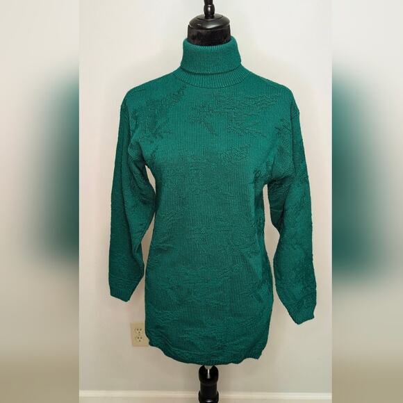 VTG Mathias bright forest green turtleneck floral knit tunic top sweater sz Sm - Picture 1 of 7